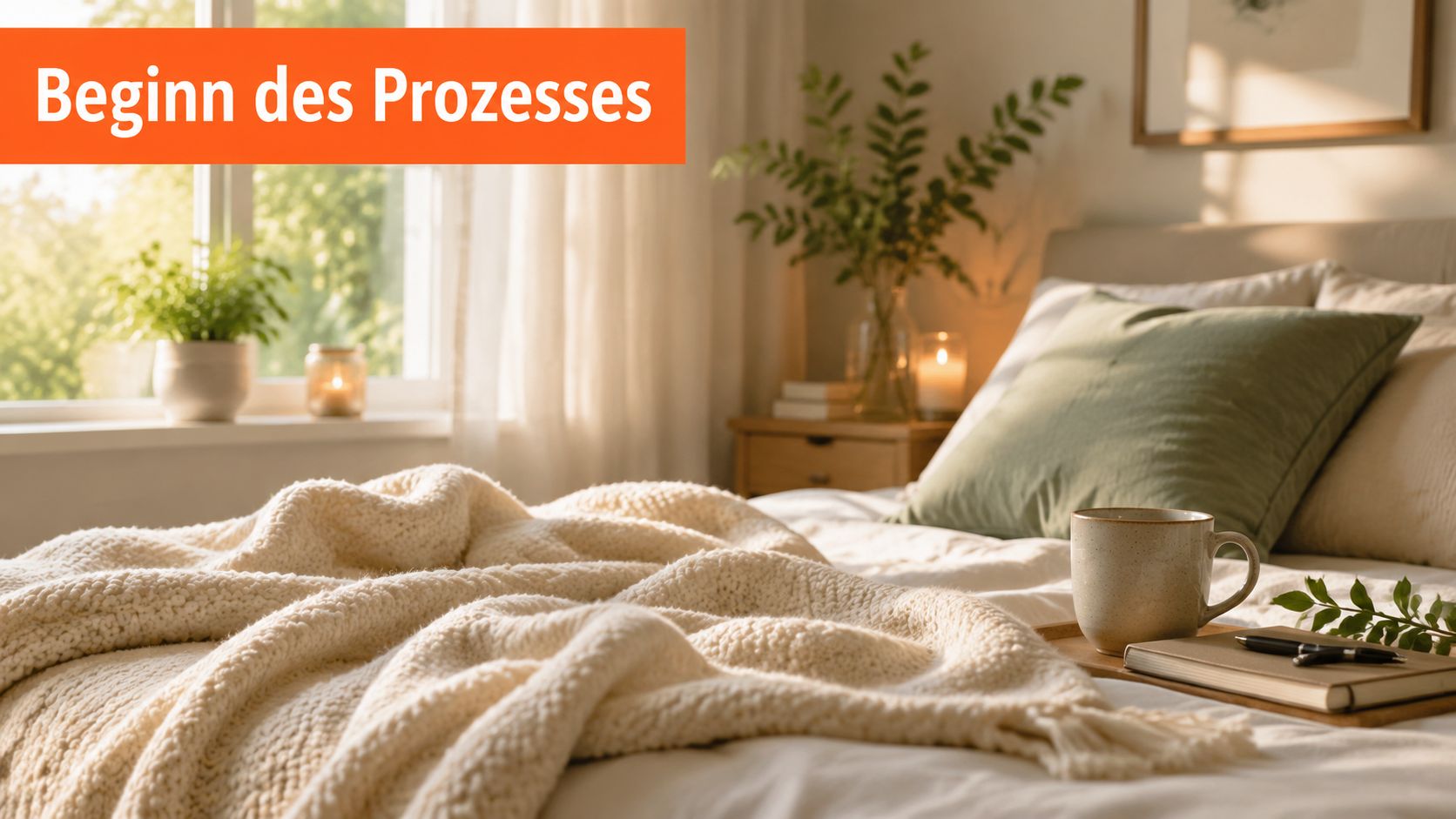 Ein gemütliches, helles Schlafzimmer mit einem behaglichen Bett, einer Tasse Kaffee und einem Notizbuch für einen ruhigen Start.
