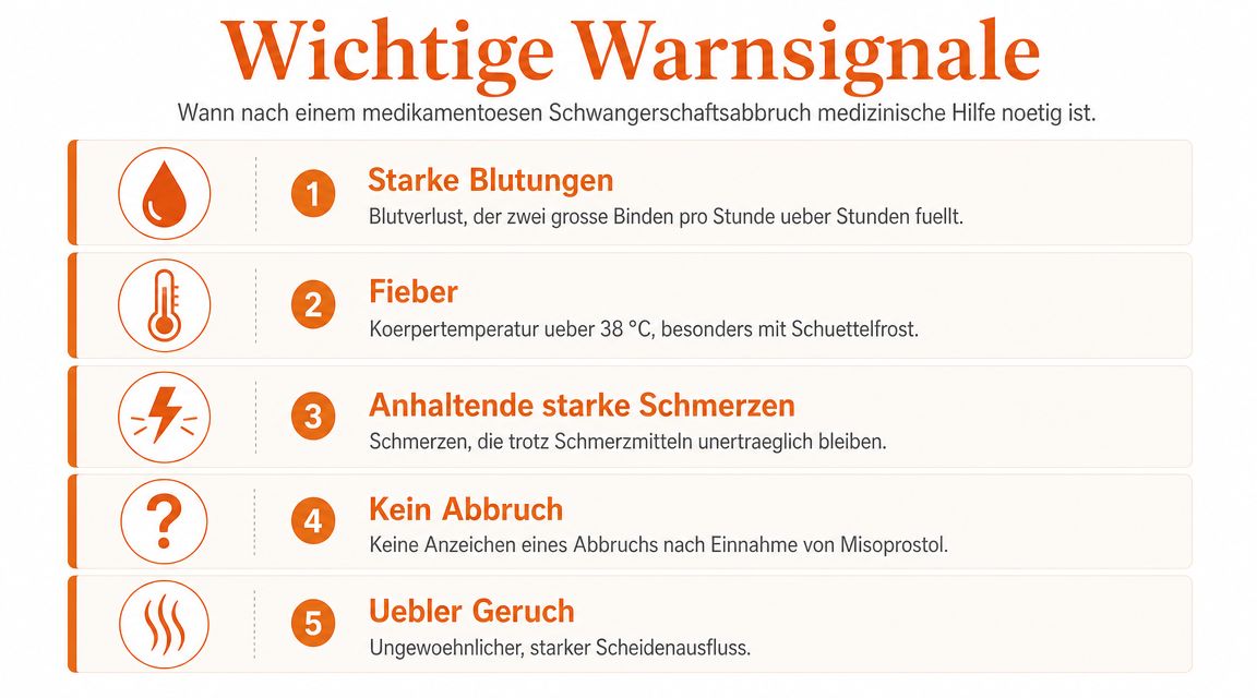 Eine Infografik mit fünf wichtigen Warnsignalen nach einem medikamentösen Schwangerschaftsabbruch, bei denen ärztliche Hilfe aufgesucht werden sollte.