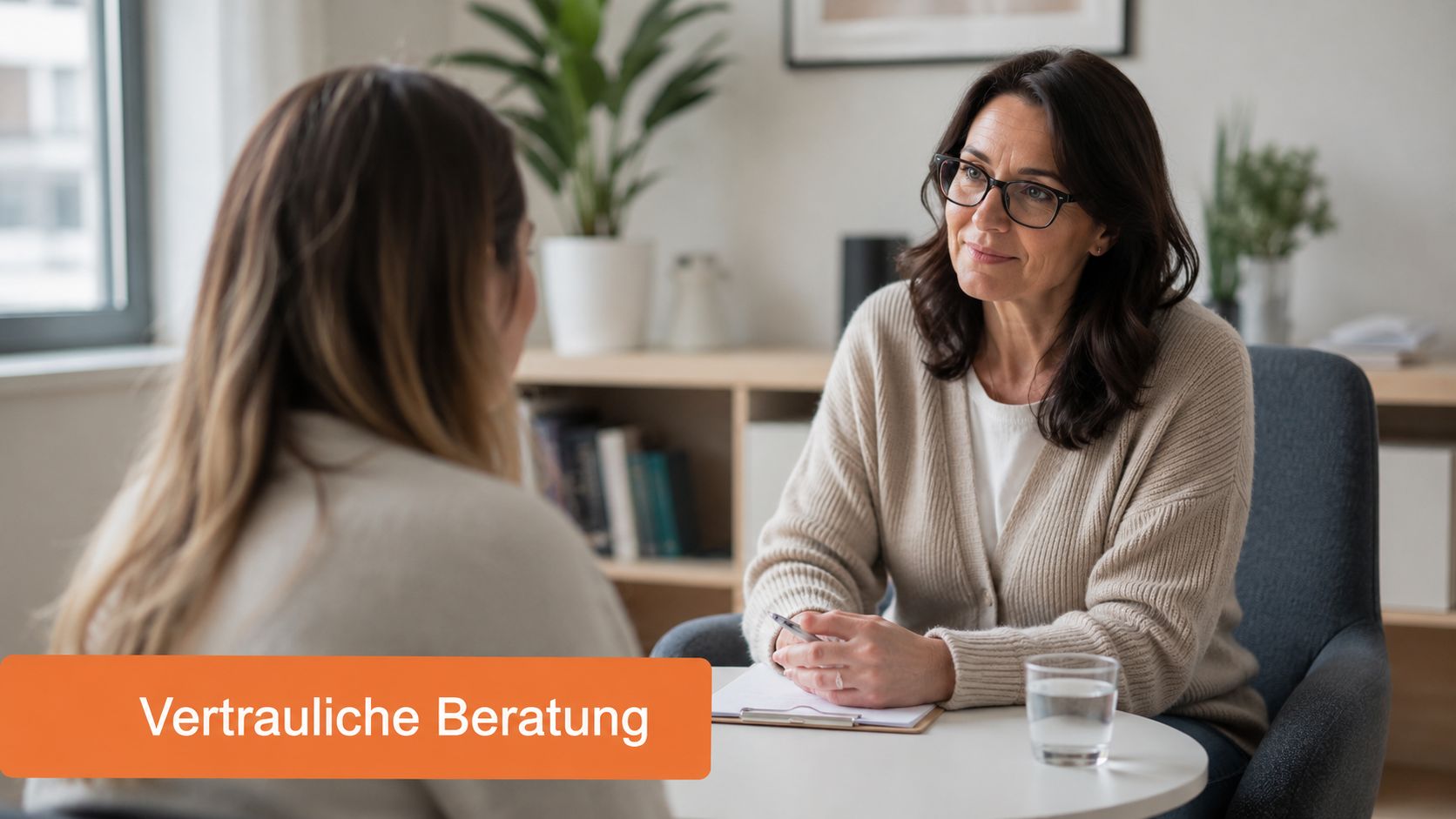 Eine Psychologin oder Beraterin führt ein vertrauliches Beratungsgespräch mit einer Klientin an einem runden Tisch.