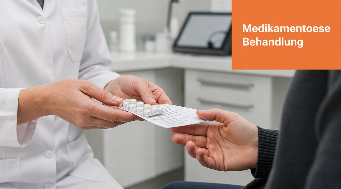Eine ärztliche Fachkraft überreicht einem Patienten ein Medikamentenpaket zusammen mit einem dazugehörigen Behandlungsblatt in einer Praxis.