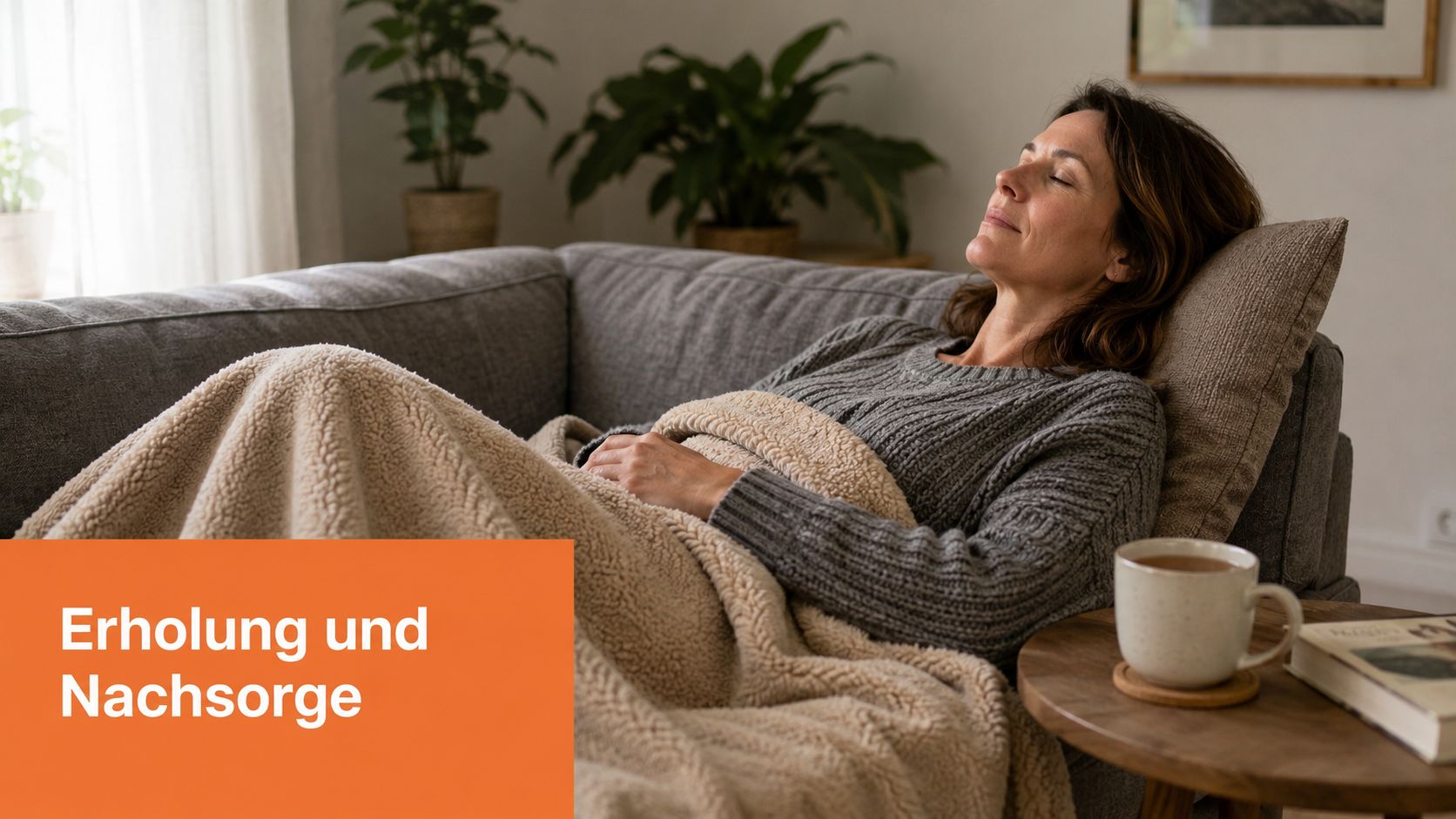 Eine Frau ruht sich entspannt auf einem gemütlichen Sofa mit einer weichen Decke aus.