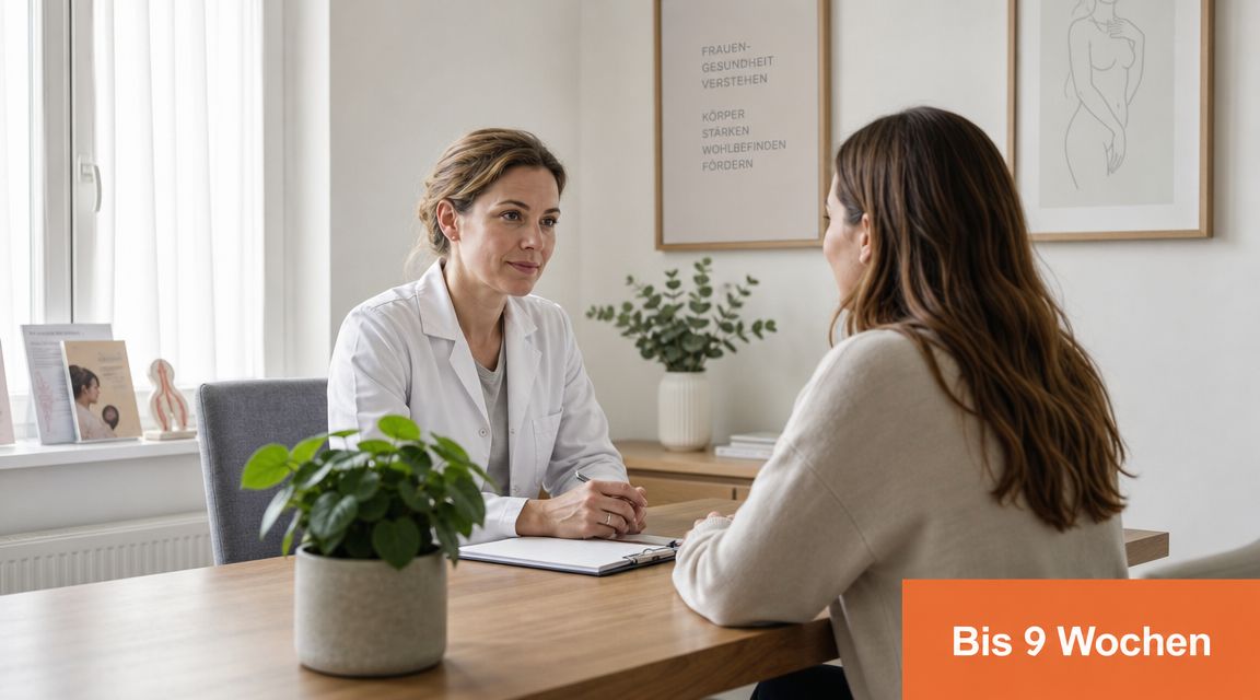 Eine Ärztin führt ein Beratungsgespräch mit einer Patientin in einer hellen, modernen medizinischen Praxis durch.