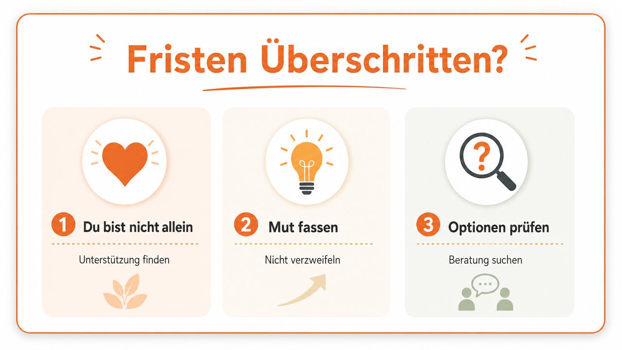 Eine Infografik mit drei Schritten zur Unterstützung bei überschrittenen Fristen: Nicht allein, Mut fassen und Optionen prüfen.