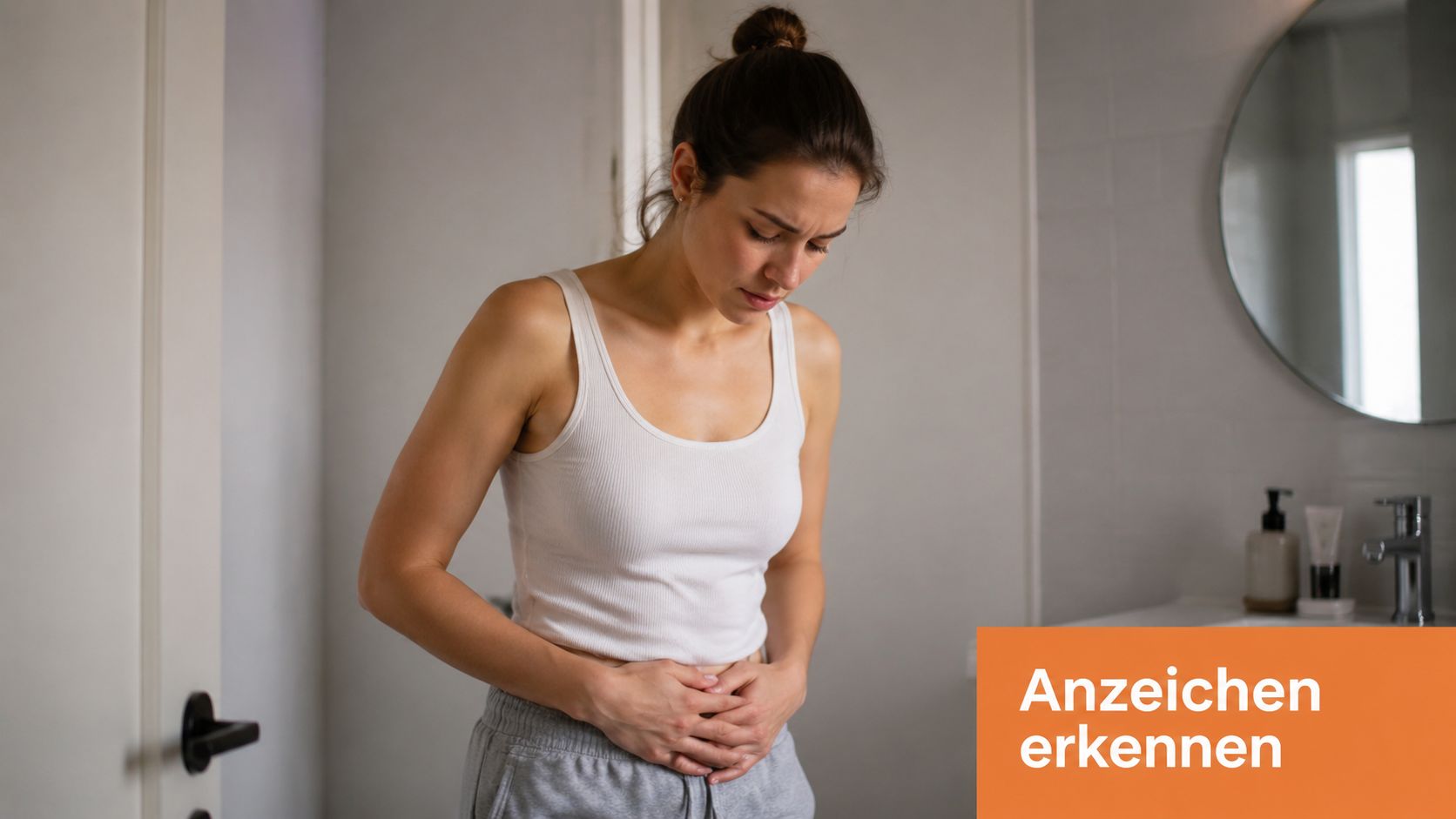 Eine junge Frau steht im Badezimmer und hält sich schmerzhaft den Unterbauch fest, während sie nachdenklich nach unten blickt.
