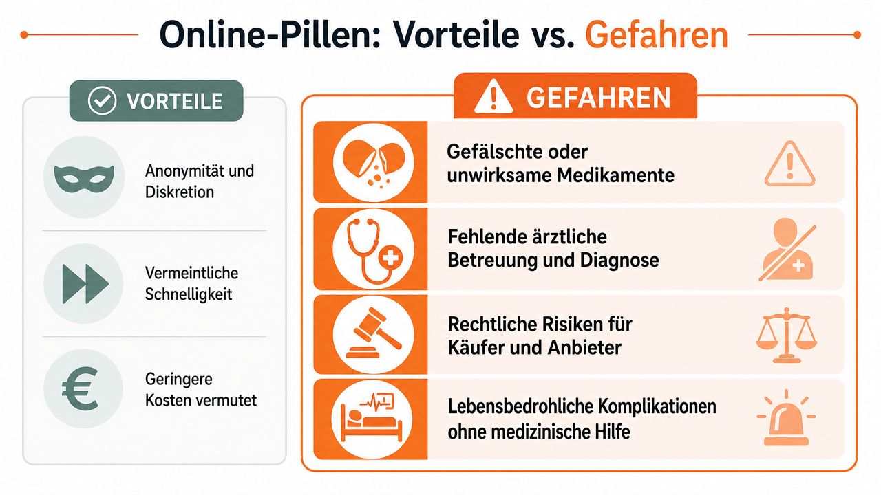 Infografik zum Vergleich von Vorteilen und Gefahren beim Online-Kauf von Medikamenten ohne ärztliche Beratung.
