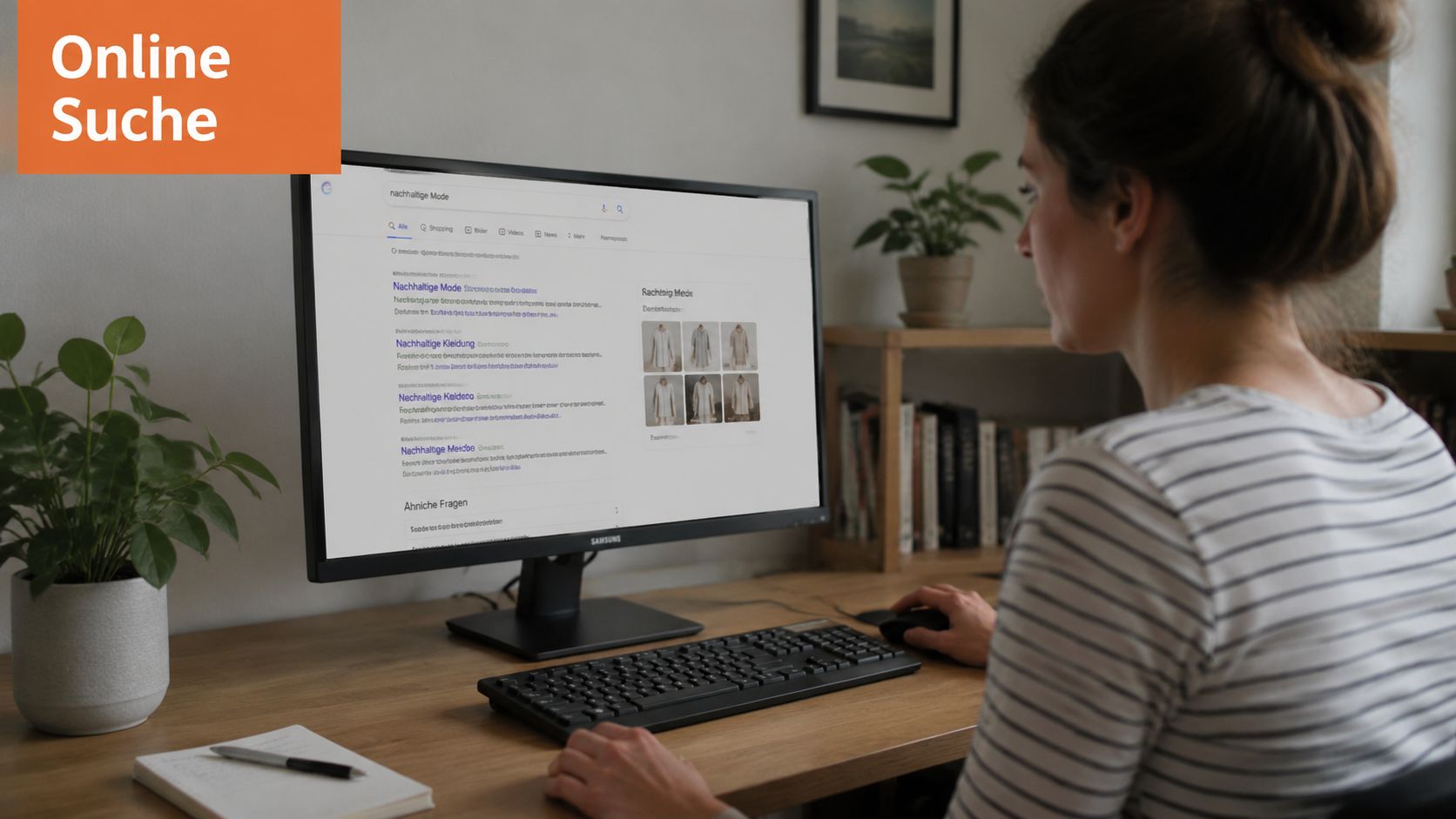 Eine Person sitzt an einem Schreibtisch und sucht online auf einem Computerbildschirm nach Informationen zur nachhaltigen Mode.
