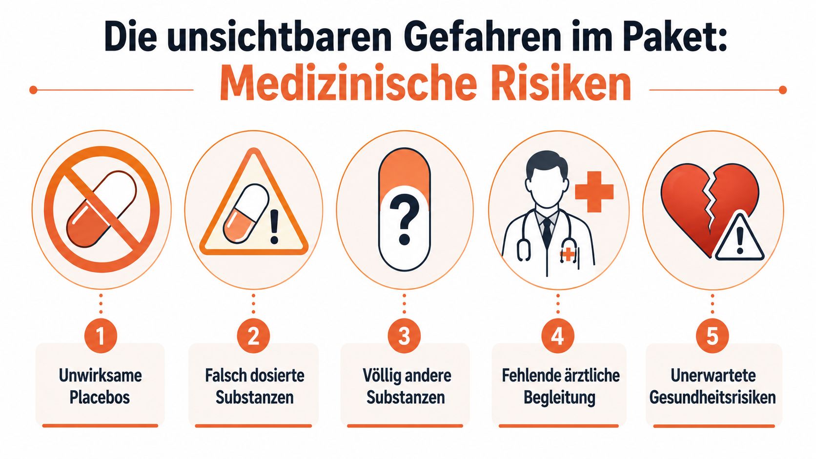 Eine Infografik illustriert die medizinischen Risiken beim Online-Kauf von Medikamenten, wie Placebos, falsche Dosierungen und fehlende ärztliche Überwachung.