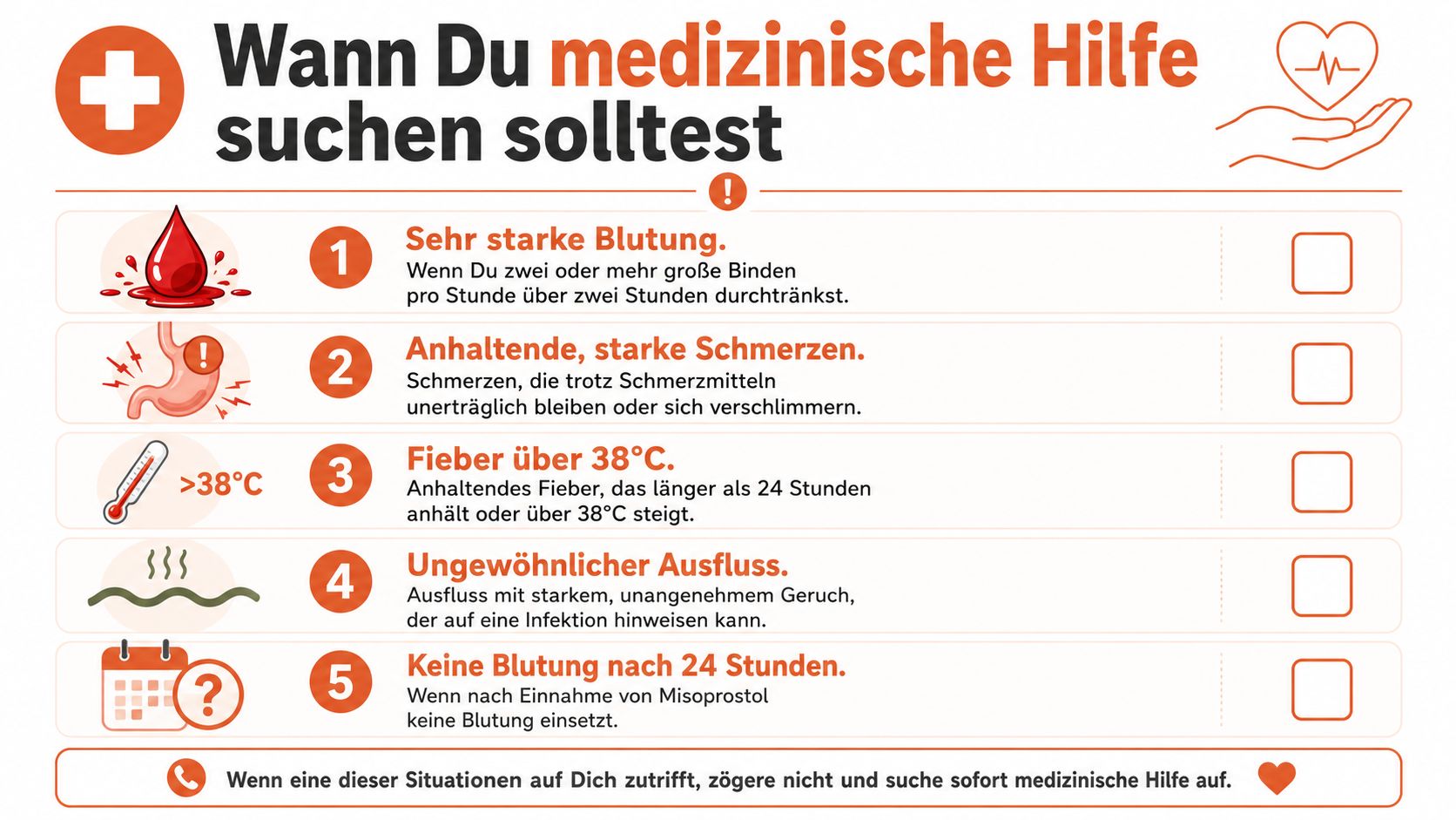 Infografik darüber, wann bei einer medizinischen Abtreibung professionelle Hilfe aufgesucht werden sollte, mit fünf Warnsignalen.