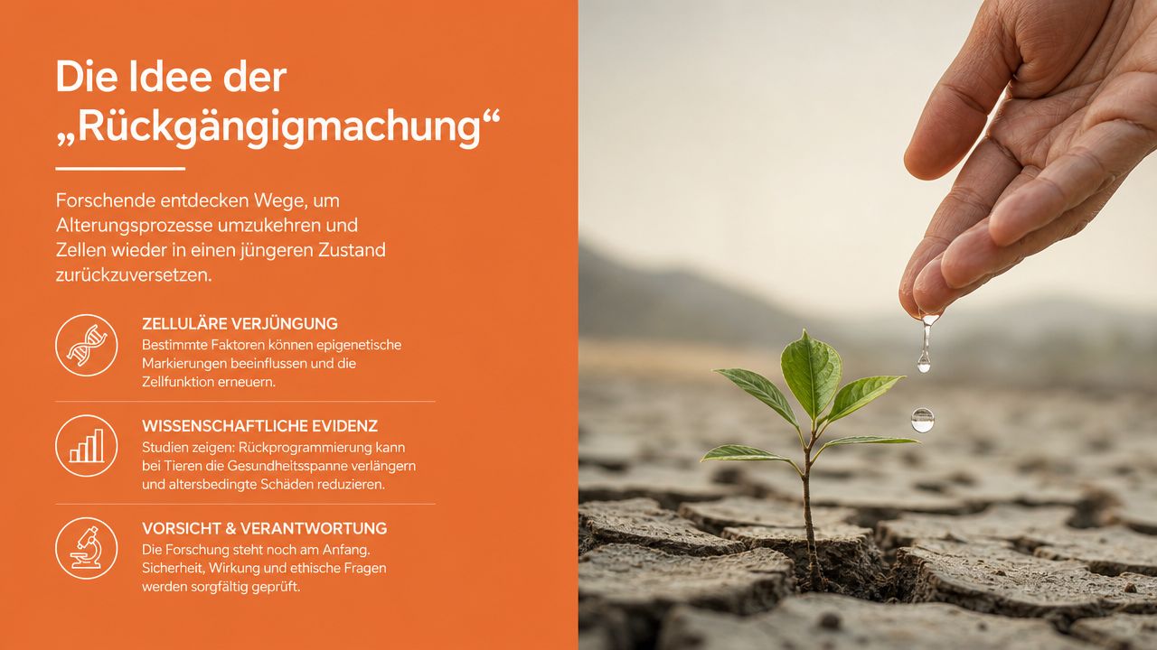 Infografik zur Zellulären Verjüngung: Ein junger Keimling wird in trockener Erde mit Wasser aus einer Hand bewässert.