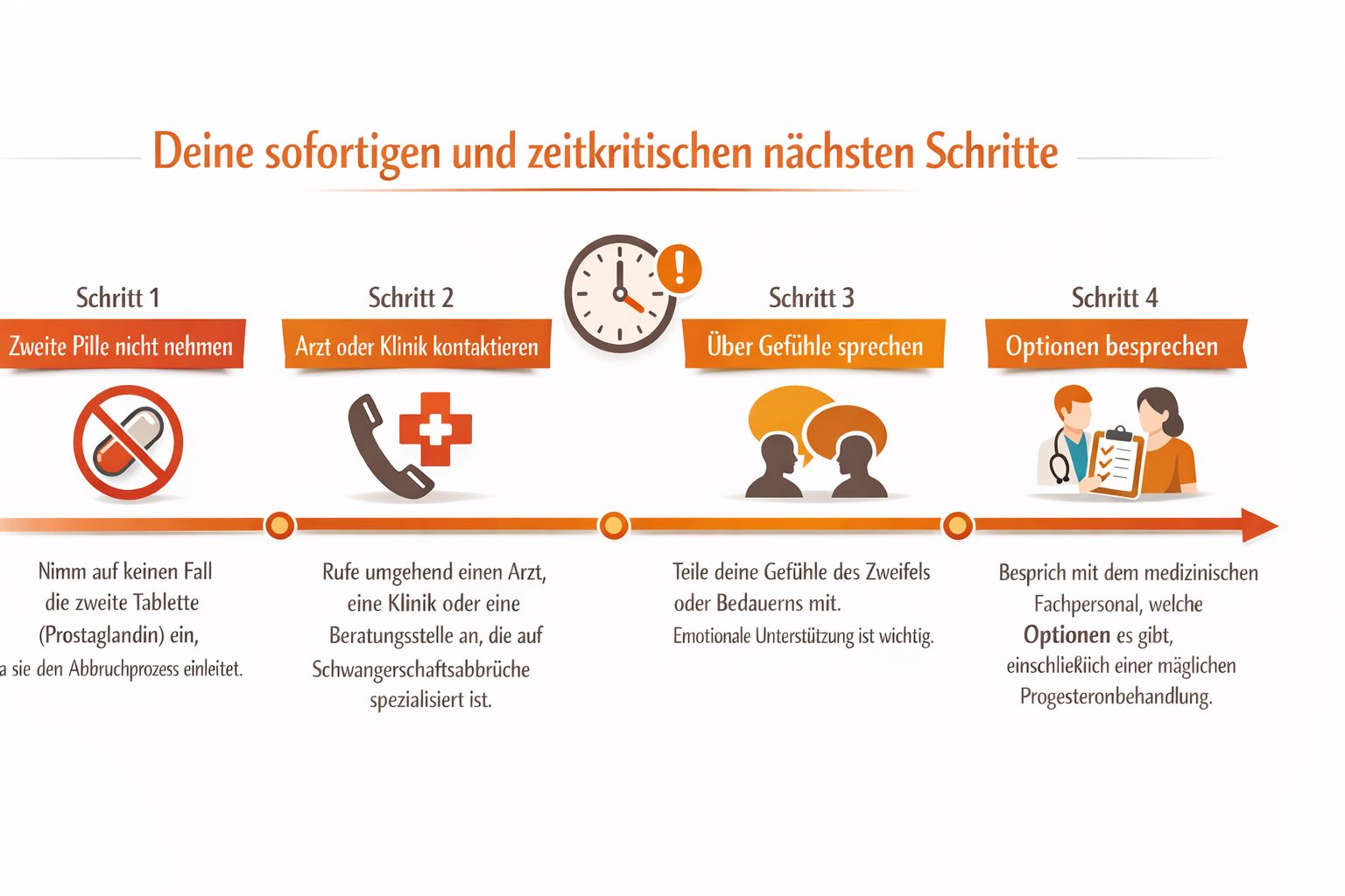 Grafische Darstellung der zeitkritischen Schritte zur Umkehrung eines Schwangerschaftsabbruchs nach der ersten Einnahme der Abtreibungspille.