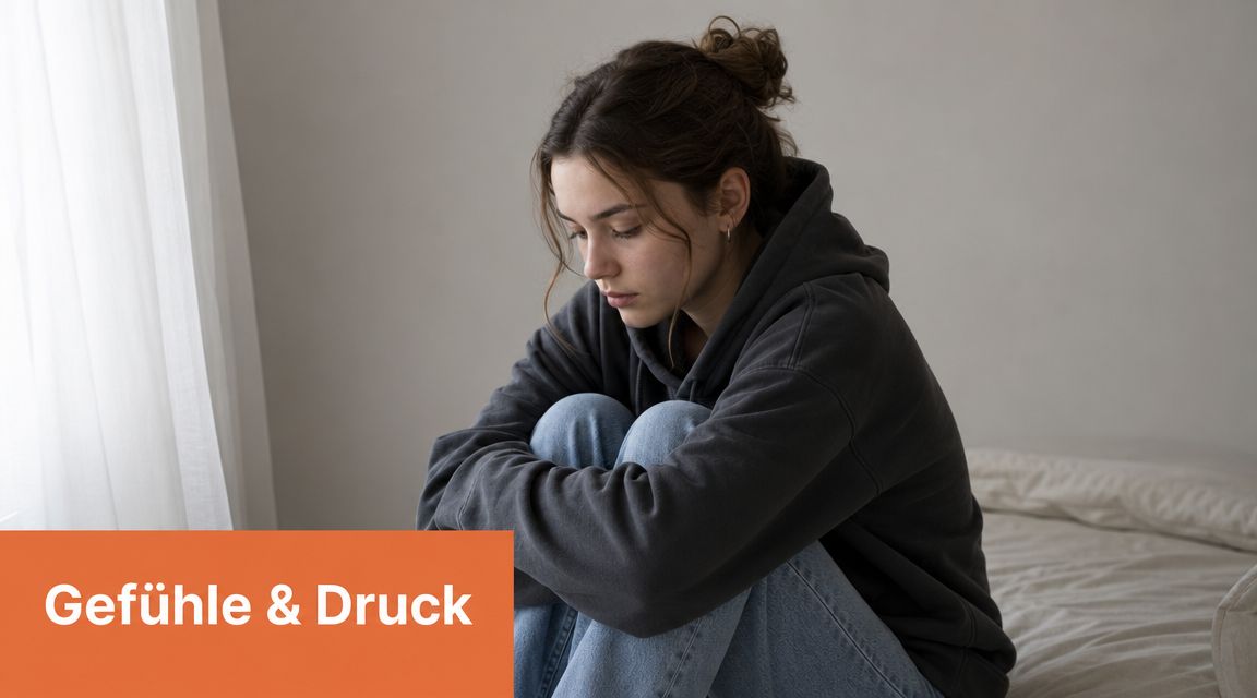 Eine nachdenkliche junge Frau sitzt in einem dunklen Kapuzenpullover auf einem Bett und schaut niedergeschlagen nach unten.