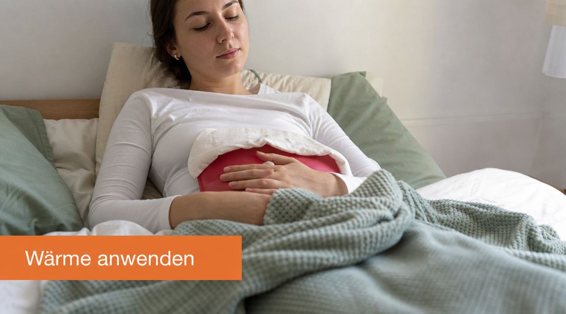 Eine junge Frau liegt mit Schmerzen und einer Wärmflasche auf dem Bauch entspannt im Bett.