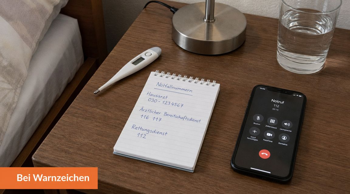 Ein Nachttisch mit einem Fieberthermometer, einem Notizblock mit Notfallnummern und einem Smartphone mit aktivem Notruf.
