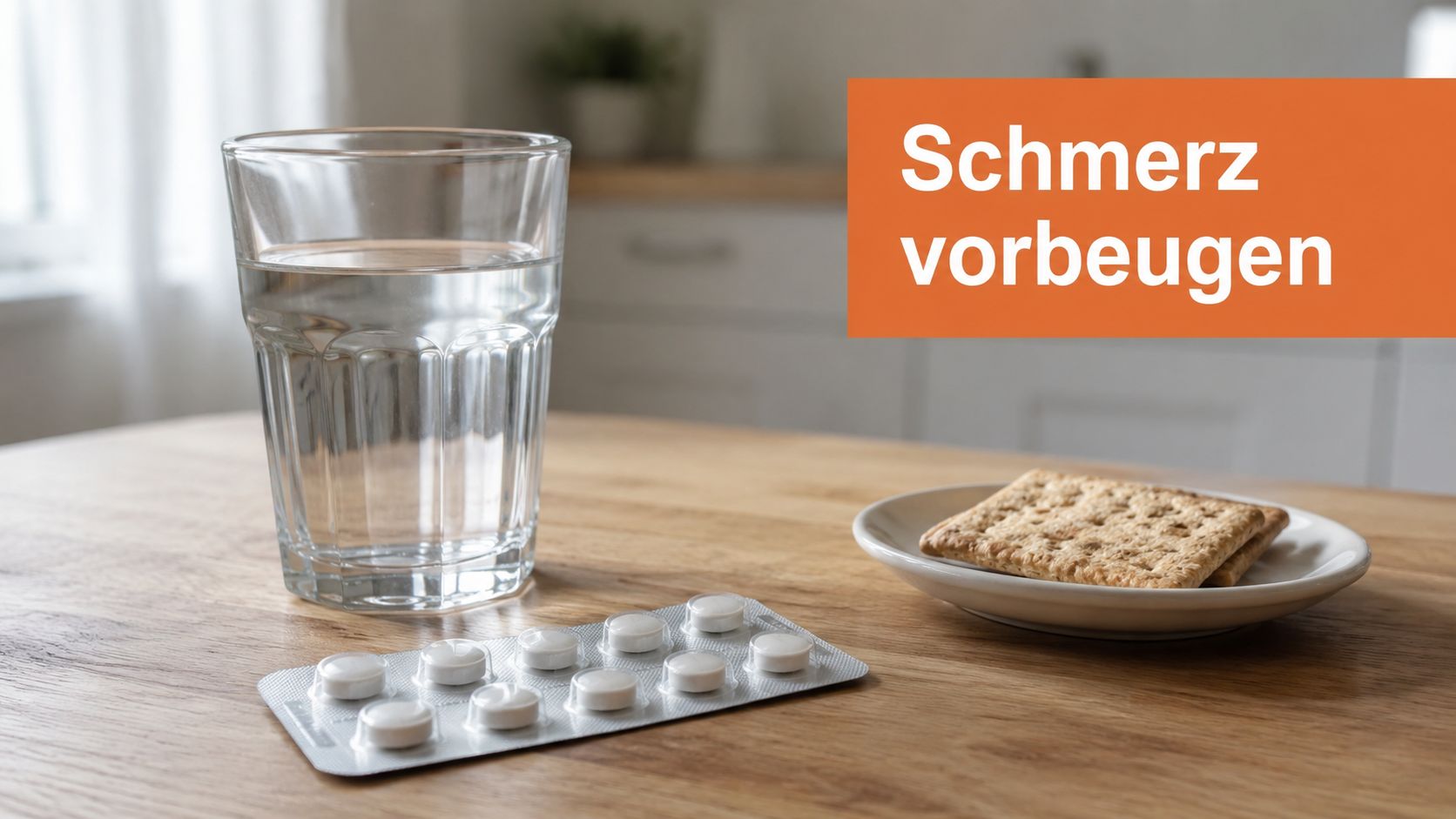 Ein Glas Wasser, eine Packung Tabletten und ein kleiner Keks stehen bereit auf einem hölzernen Küchentisch.