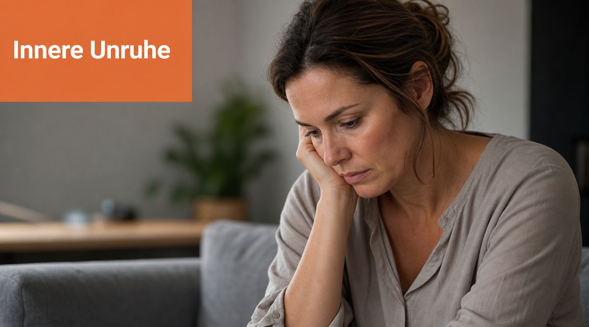 Eine nachdenkliche Frau sitzt auf einem Sofa und wirkt bedrückt oder gestresst durch innere Unruhe.
