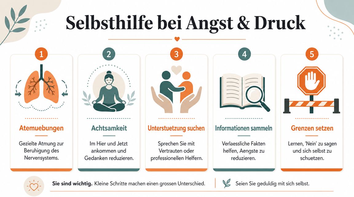 Eine Infografik mit fünf Schritten zur Selbsthilfe bei Angst und Druck, dargestellt durch Icons und kurze Texte.