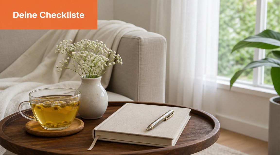 Eine gemütliche Szene mit Tee, einem Notizbuch und Blumen auf einem Holztisch in einem hellen Wohnzimmer.