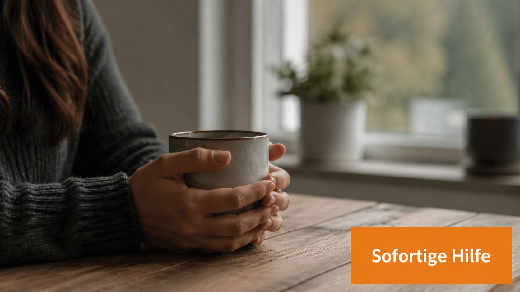 Eine Person sitzt nachdenklich mit einer Tasse Kaffee an einem Holztisch, Symbolbild für Beratung und Unterstützung.