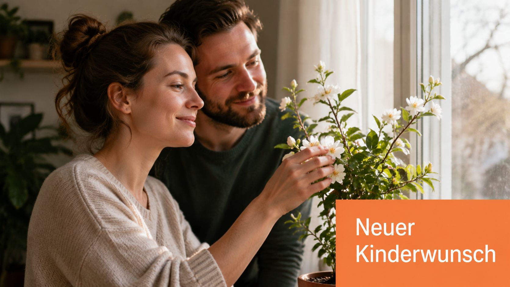 Ein glückliches Paar betrachtet gemeinsam eine blühende Zimmerpflanze am Fenster in einer hellen, warmen Wohnatmosphäre.