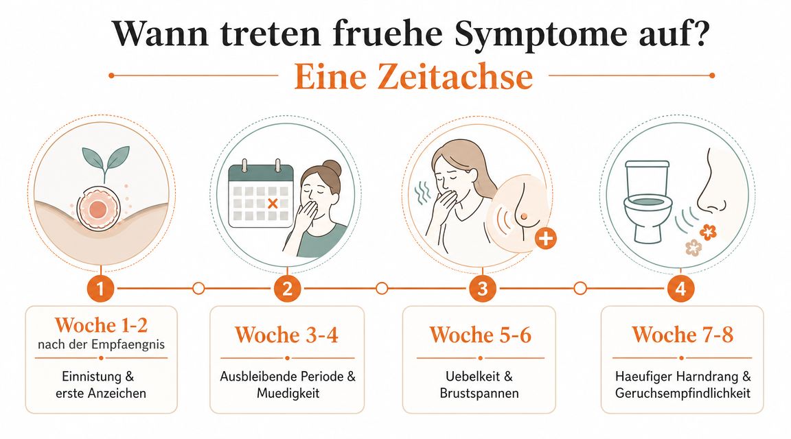 Eine Zeitleiste, die typische frühe Schwangerschaftssymptome von der ersten bis zur achten Woche nach der Empfängnis zeigt.