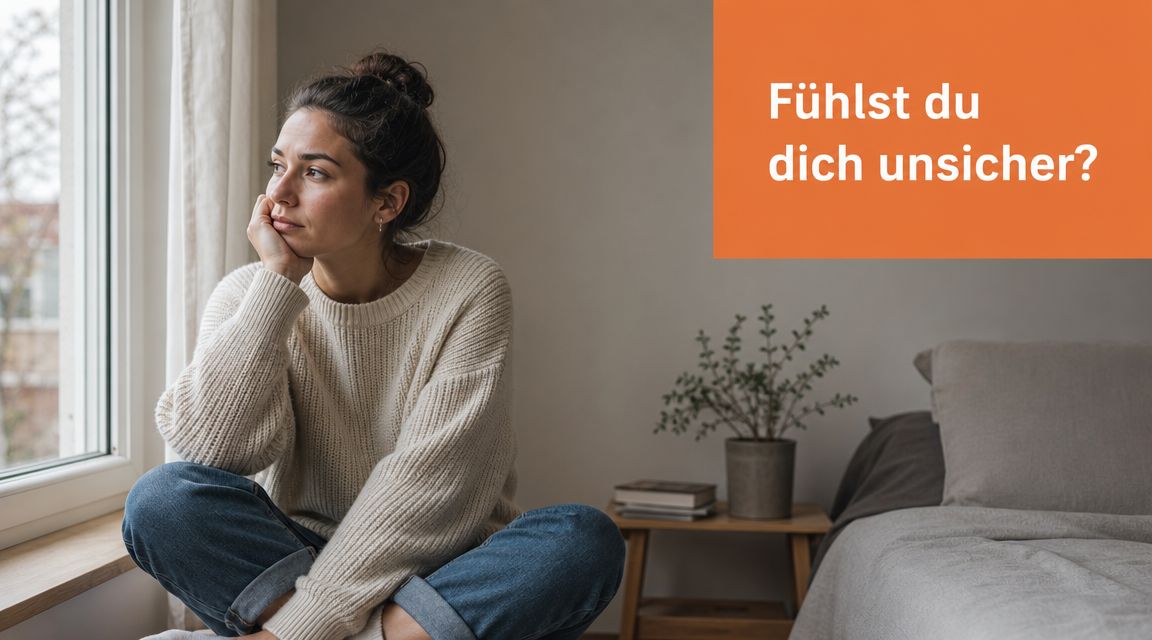 Eine nachdenkliche junge Frau sitzt nachdenklich am Fenster in einem gemütlichen Raum und wirkt leicht besorgt.