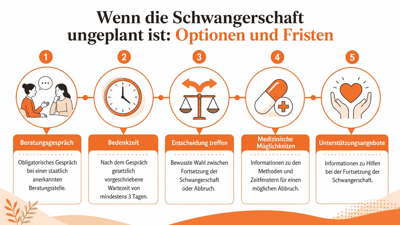 Infografik zum Thema ungeplante Schwangerschaft: Darstellung der fünf gesetzlich vorgeschriebenen Schritte von der Beratung bis zur Unterstützung.