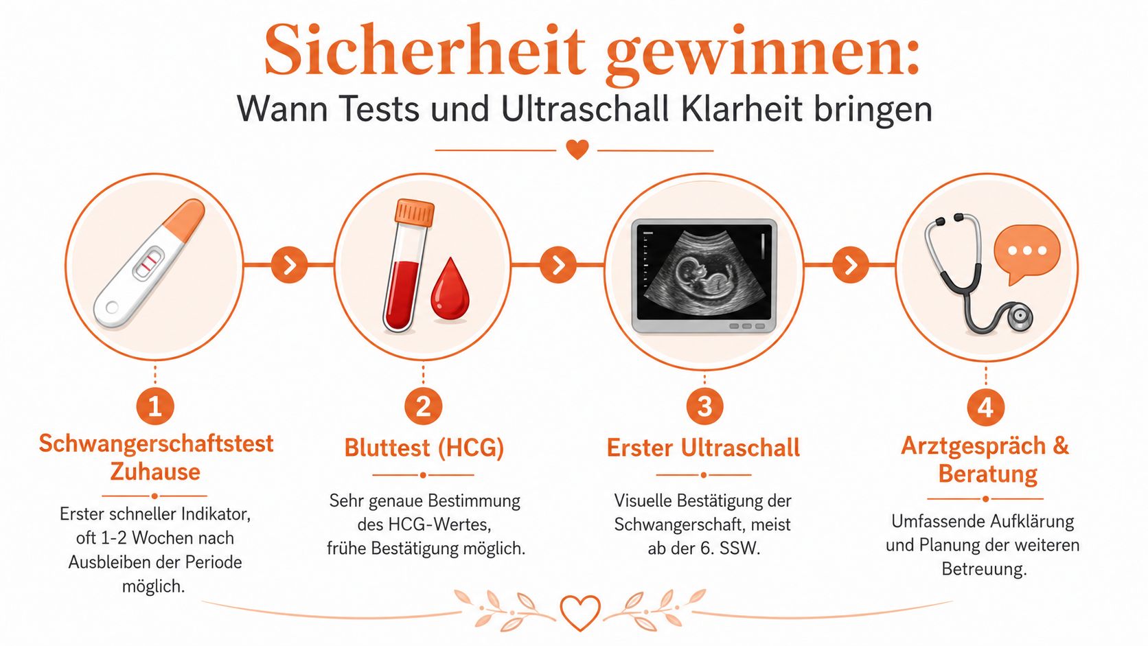 Eine Infografik erklärt die zeitliche Abfolge von Schwangerschaftstests, Bluttests, Ultraschalluntersuchungen und dem Arztgespräch in der Frühschwangerschaft.
