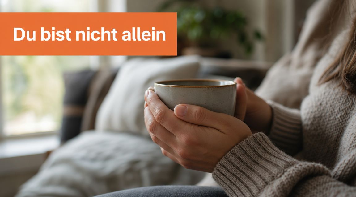 Eine Person hält eine warme Tasse in den Händen und vermittelt ein Gefühl von Unterstützung und Trost.