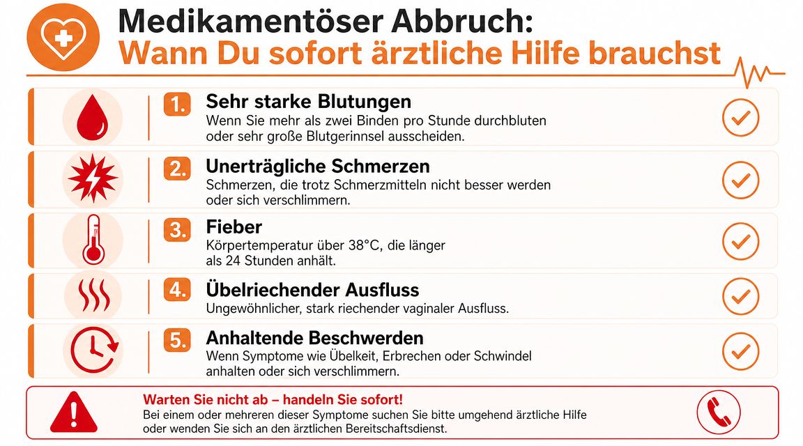 Infografik mit fünf Warnsignalen für sofortige ärztliche Hilfe nach einem medikamentösen Abbruch der Schwangerschaft.