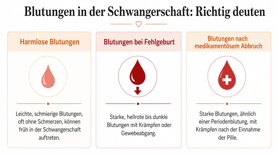 Eine Infografik erklärt verschiedene Arten von Blutungen in der Schwangerschaft, von harmlosen bis zu kritischen Verläufen.