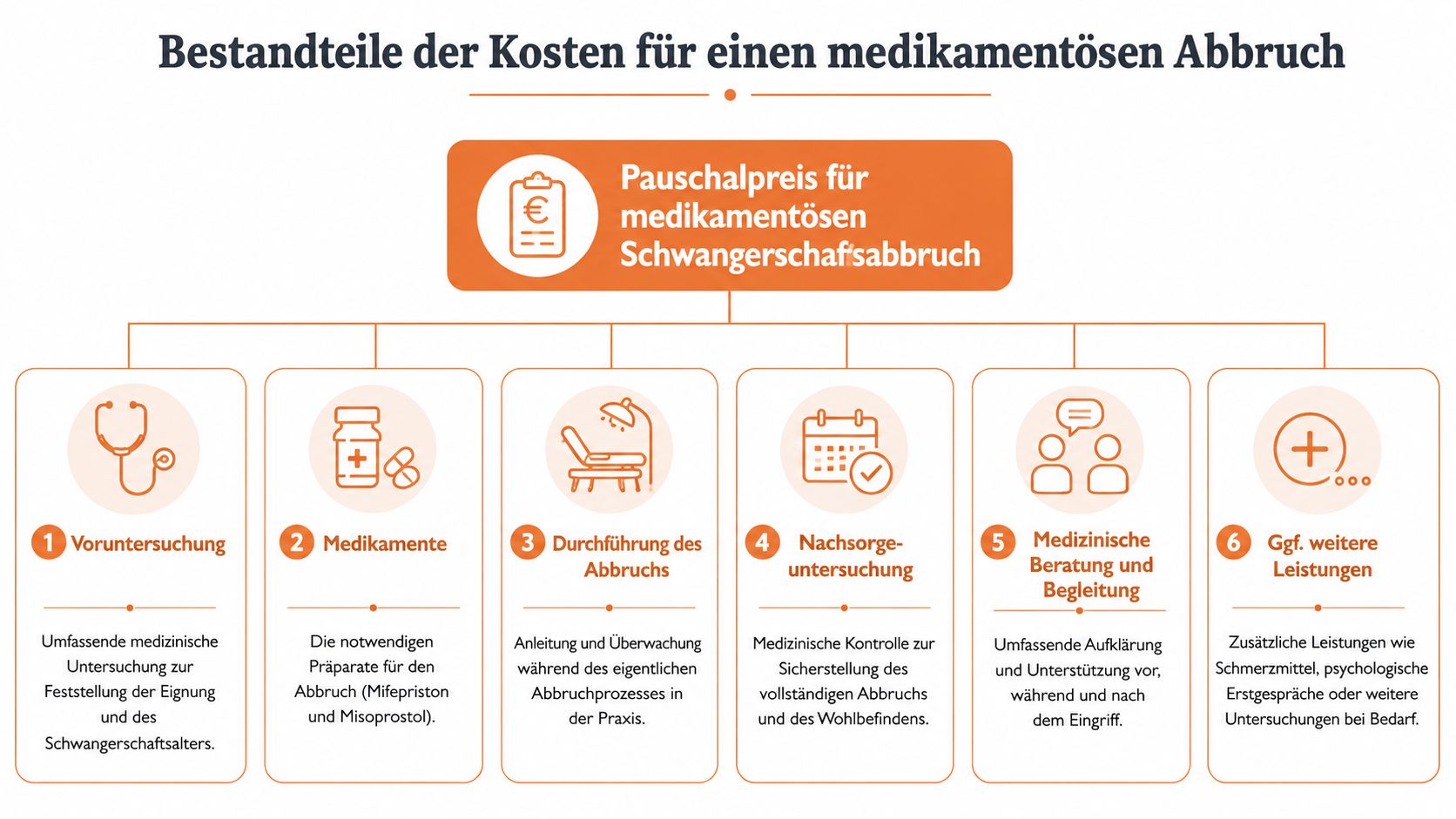 Infografik über die Bestandteile der Kosten für einen medikamentösen Schwangerschaftsabbruch in sechs verschiedenen Leistungspunkten.