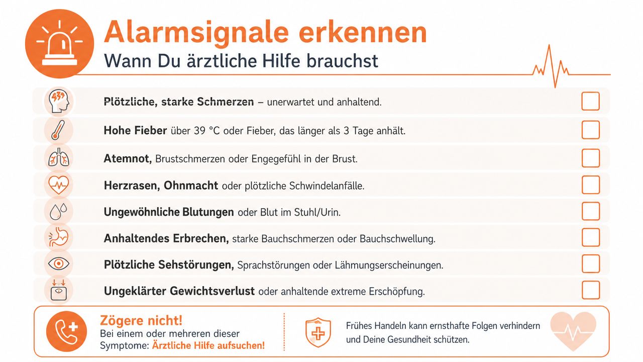 Eine Infografik mit einer Liste von Warnsignalen, die auf die Notwendigkeit medizinischer Hilfe hinweisen.