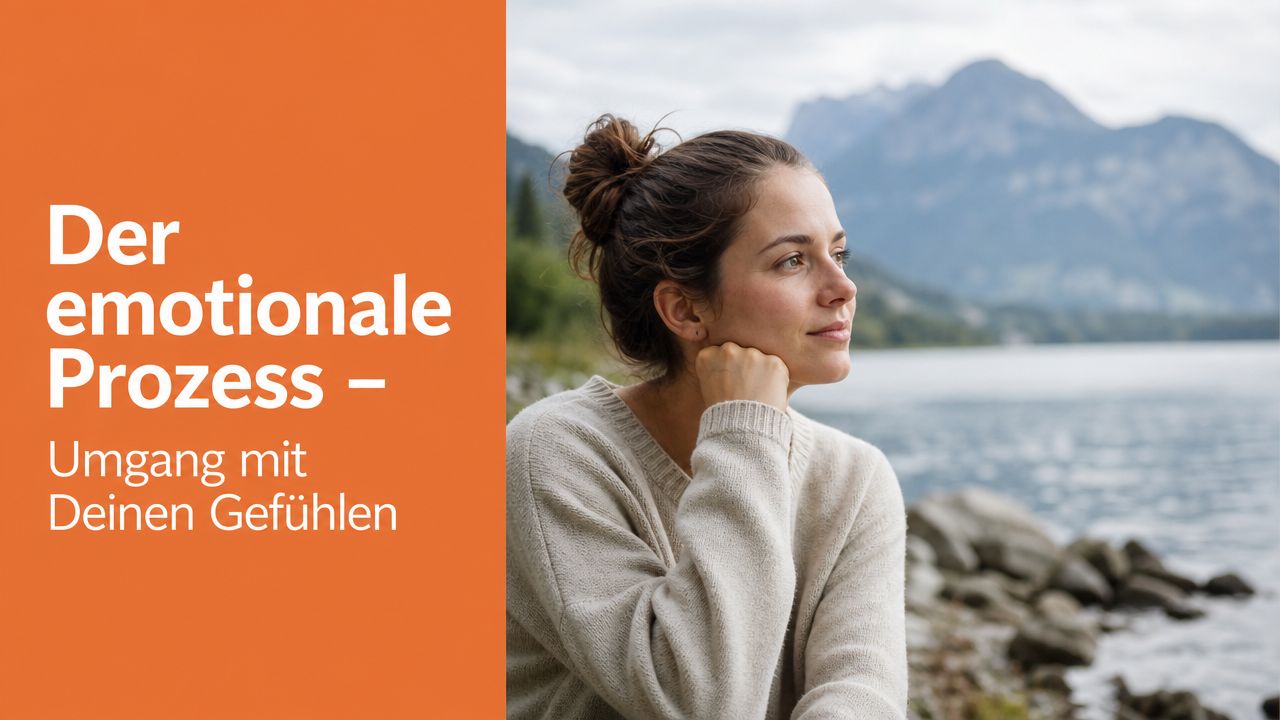 Eine junge Frau betrachtet nachdenklich eine Berglandschaft am See, umgeben von dem Text über den emotionalen Prozess.