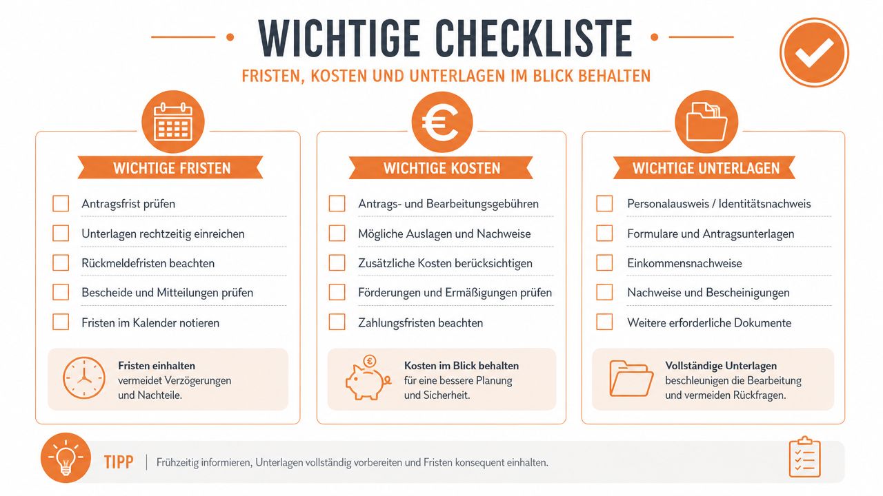 Eine Checkliste in drei Spalten mit wichtigen Informationen zu Fristen, Kosten und Unterlagen für formelle Anträge.