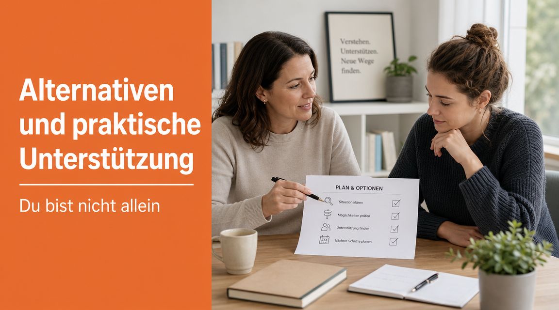 Eine Beraterin unterstützt eine junge Frau bei der gemeinsamen Planung von Optionen und nächsten Schritten in einem Beratungsgespräch.