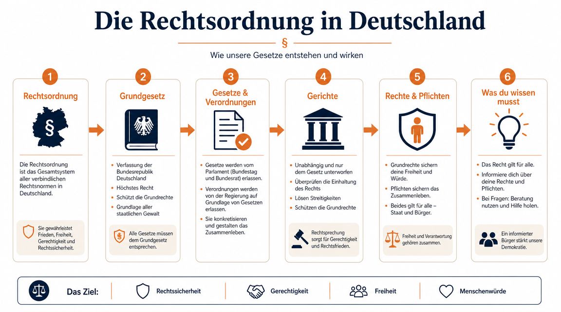 Eine Infografik zur deutschen Rechtsordnung, die Entstehung und Wirkung von Gesetzen sowie grundlegende Rechte und Pflichten erklärt.
