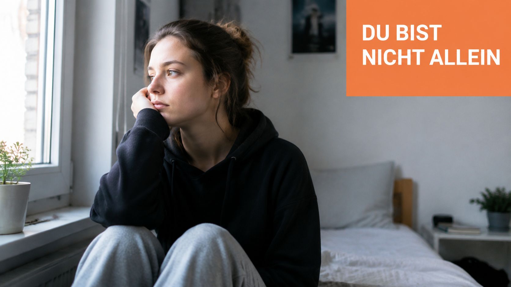 Eine nachdenkliche junge Frau sitzt in einem Zimmer am Fenster und schaut traurig nach draußen.