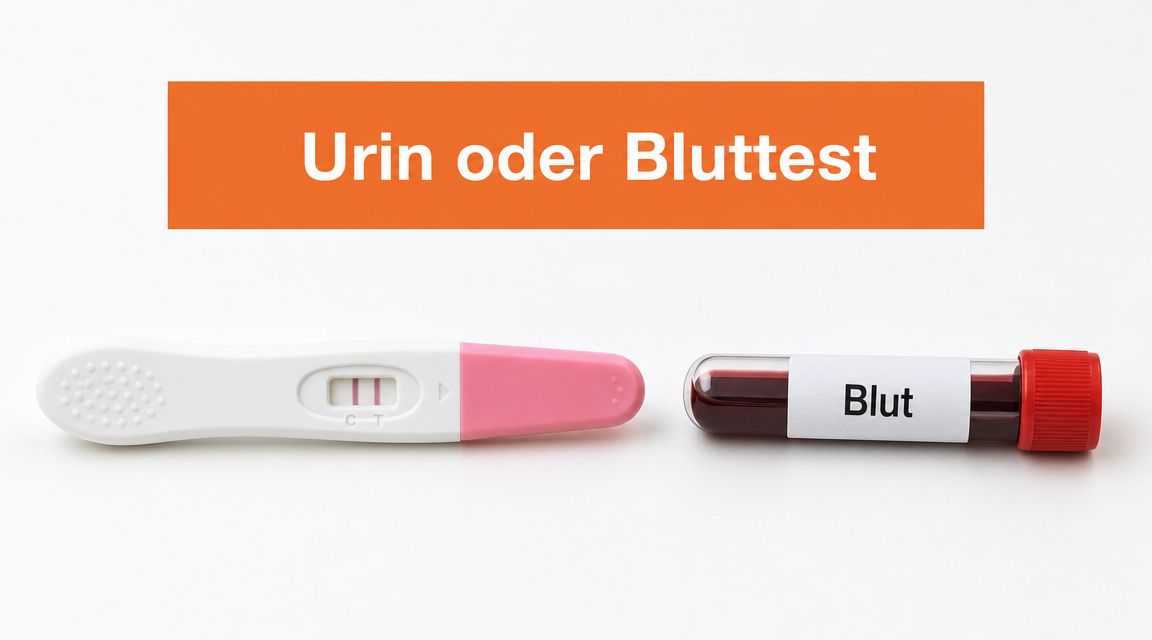 Ein positiver Schwangerschaftstest und ein Röhrchen mit Blut vor einem orangefarbenen Hintergrund für medizinische Tests.