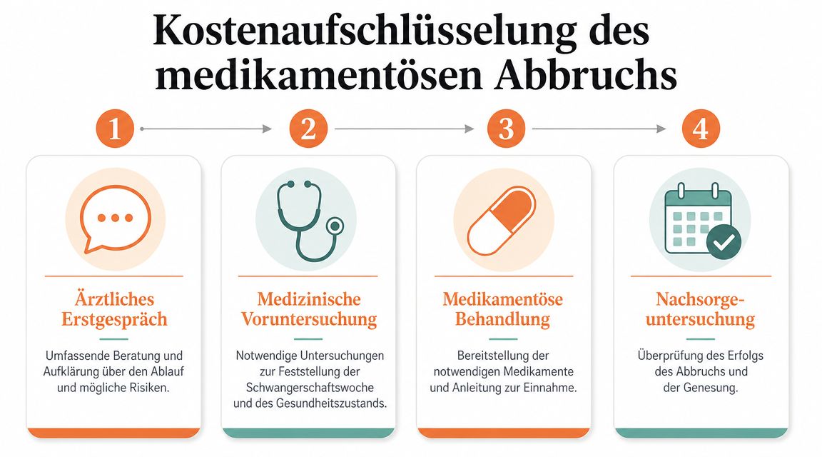 Grafik zur Kostenaufschlüsselung eines medikamentösen Schwangerschaftsabbruchs mit vier Schritten von der Beratung bis zur medizinischen Nachsorge.