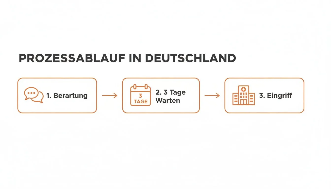 Prozessablauf in Deutschland: Beratung, 3 Tage Wartezeit und anschließender Eingriff. Ein übersichtliches Flussdiagramm.