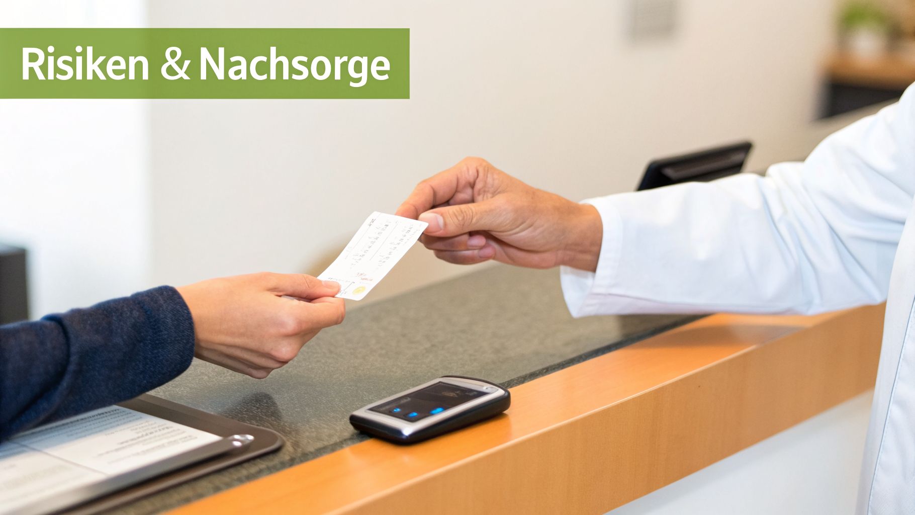 Medizinisches Personal übergibt einem Patienten eine Karte an einem Empfangstresen unter der Überschrift 'Risiken & Nachsorge'.