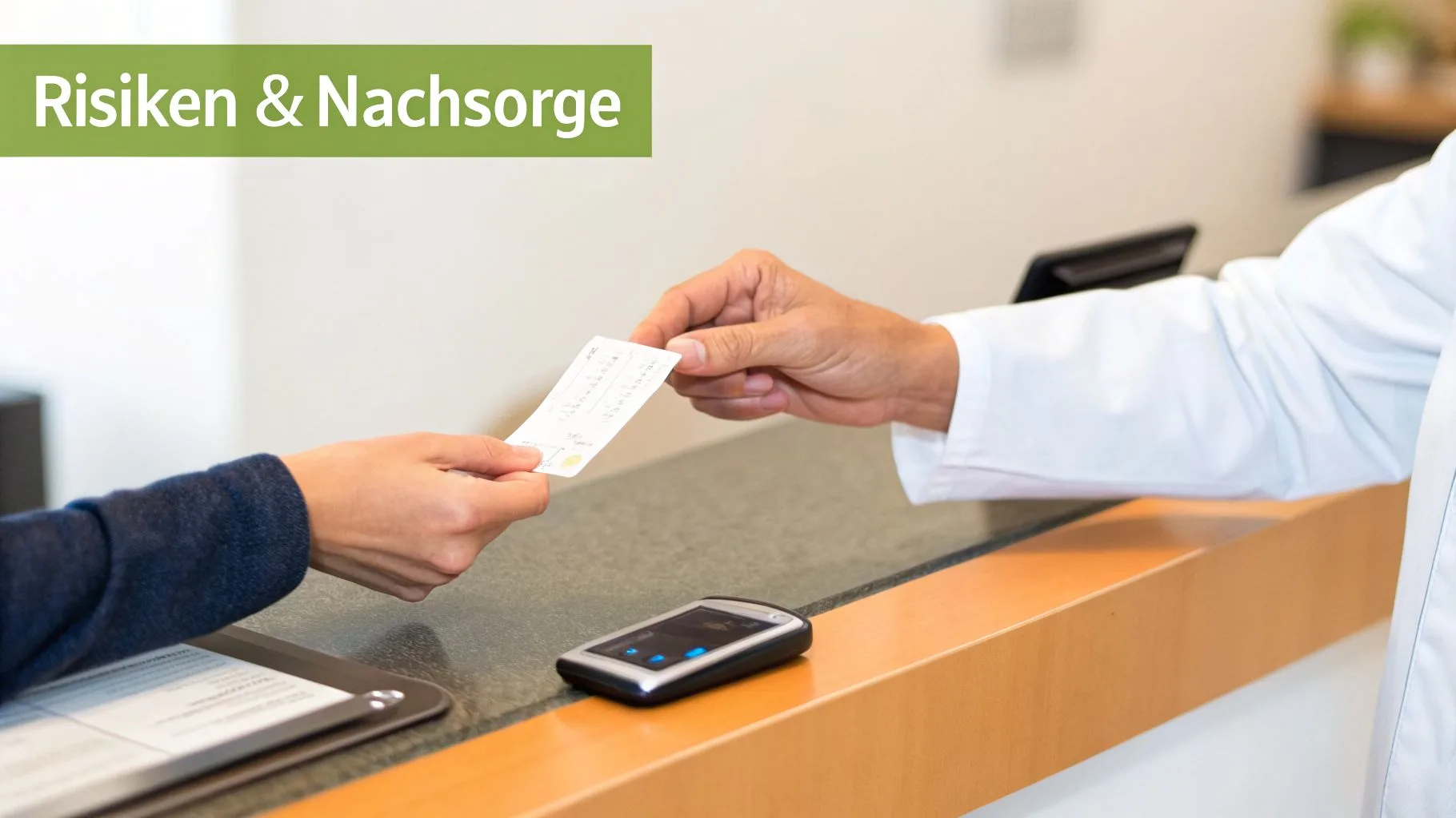 Medizinisches Personal übergibt einem Patienten eine Karte an einem Empfangstresen unter der Überschrift 'Risiken & Nachsorge'.